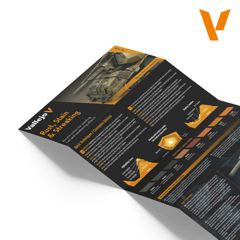 Vallejo instructional leaflet open, detailing rust and weathering effects for model tanks, with techniques and color charts