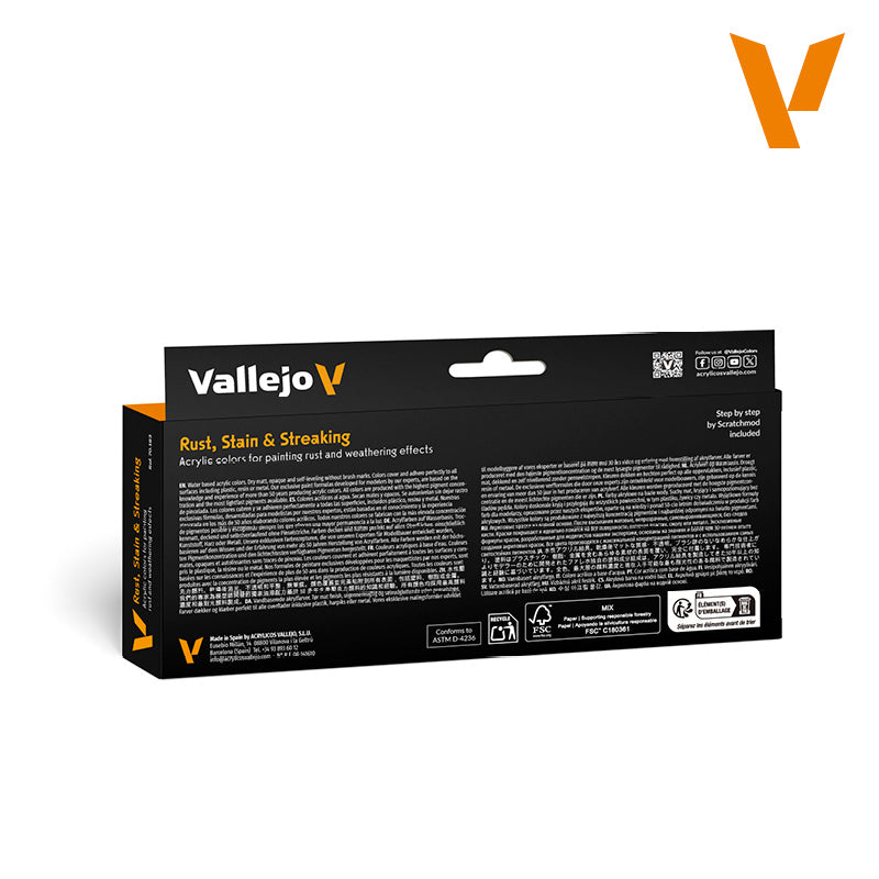 Angled black Vallejo Rust, Stain & Streaking acrylic colors box with orange accents, for weathering effects