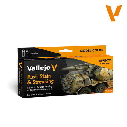Vallejo Rust, Stain & Streaking paint set box, showing a model tank with rust and weathering effects