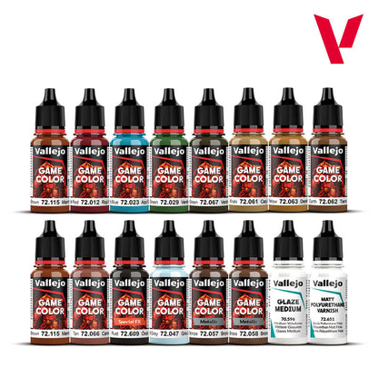 A 16-piece Vallejo Game Specialist Colour set showing two rows of paint bottles in various colors, including special effects, metallic, glaze, and varnish