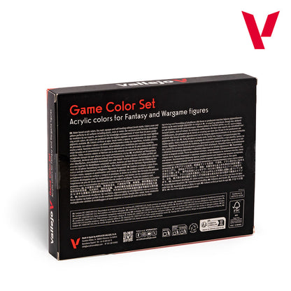 The back of a black Vallejo Game Specialist Colour 16-Piece Set box with Game Color Set text and product details printed in several languages