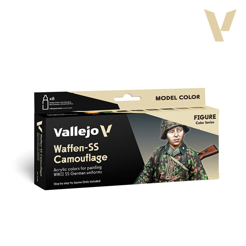 Vallejo "Waffen-SS Camouflage" paint set box, showing a detailed WWII German soldier model figure