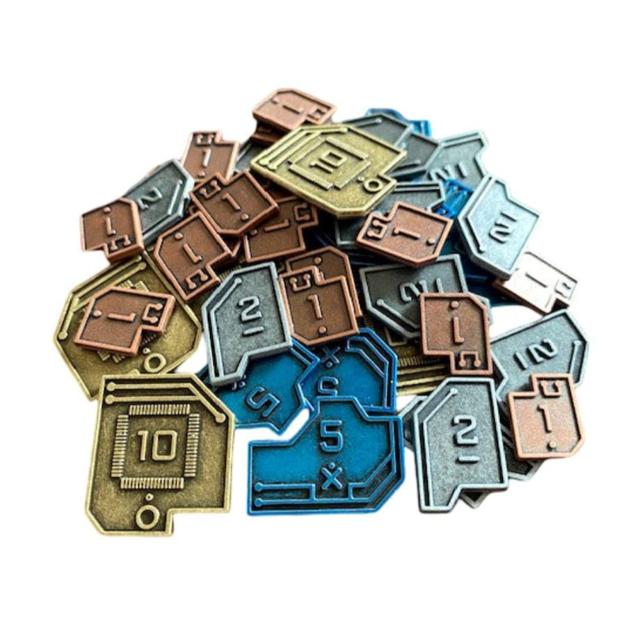 Metallic board game resource tokens shaped like microchips, featuring bronze, gold, silver, and blue finishes