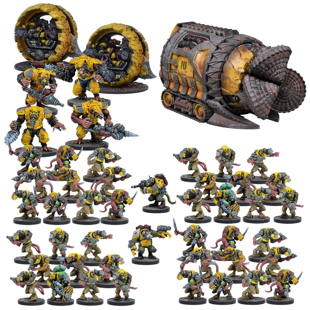 Wargame set with detailed yellow & gray rat-like miniatures: numerous armed figures and war machines, including a large drill tank