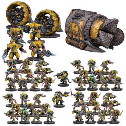 Wargame set with detailed yellow & gray rat-like miniatures: numerous armed figures and war machines, including a large drill tank