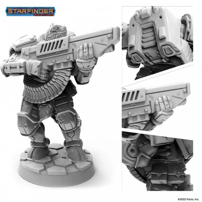 Gray unpainted Starfinder Vesk Free Captain miniature of an armored alien warrior holding a large rifle. Close-ups show armor and weapon details