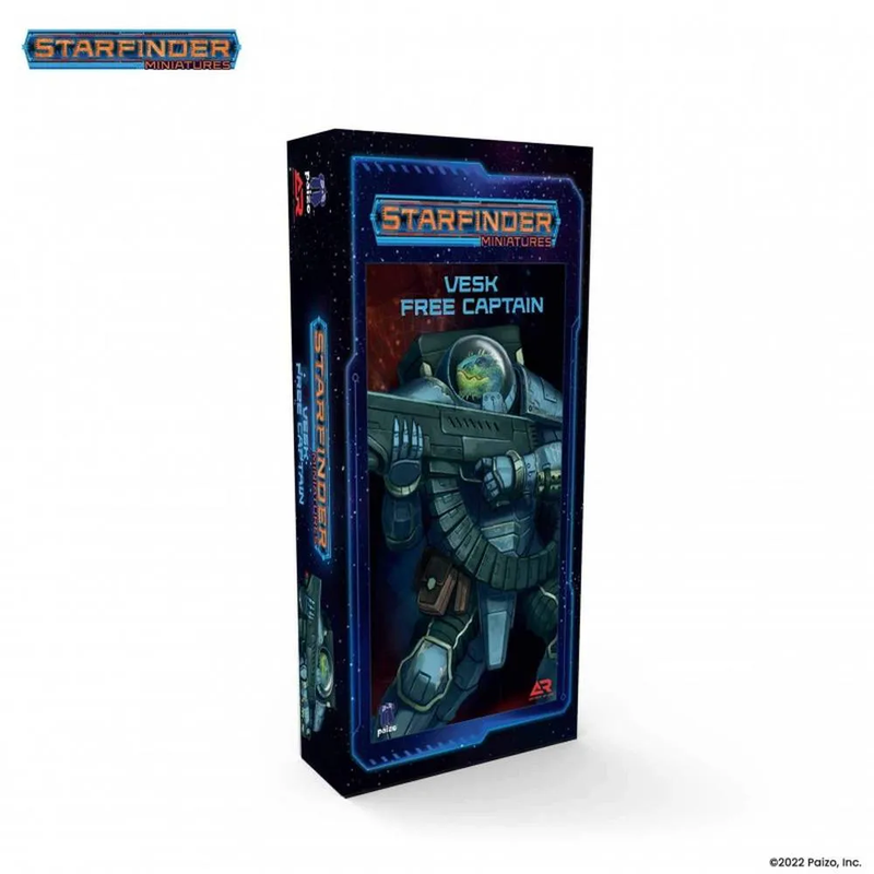 Starfinder Miniatures 'Vesk Free Captain' box: Armored alien with helmet holding a large rifle
