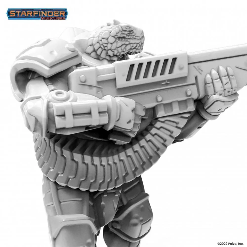 Grey Starfinder Vesk Free Captain miniature of a scaled warrior in combat armor, aiming a large futuristic rifle