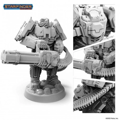 Grey Starfinder Vesk Mercenary miniature: a reptilian warrior in power armor wielding a massive gatling gun with an ammo belt