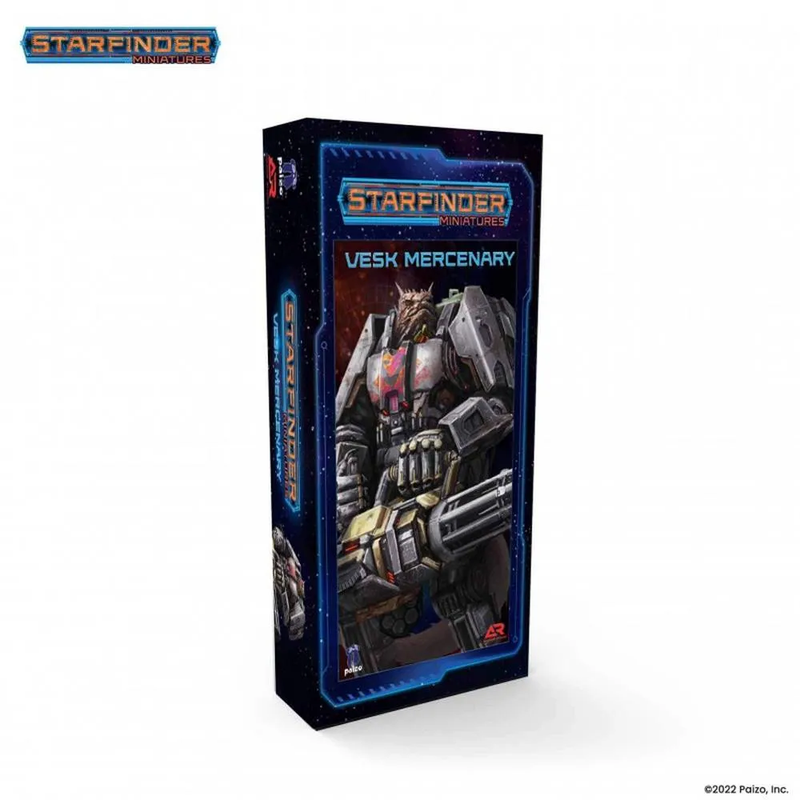 Starfinder Miniatures 'Vesk Mercenary' box features an armored, reptilian alien wielding a heavy weapon