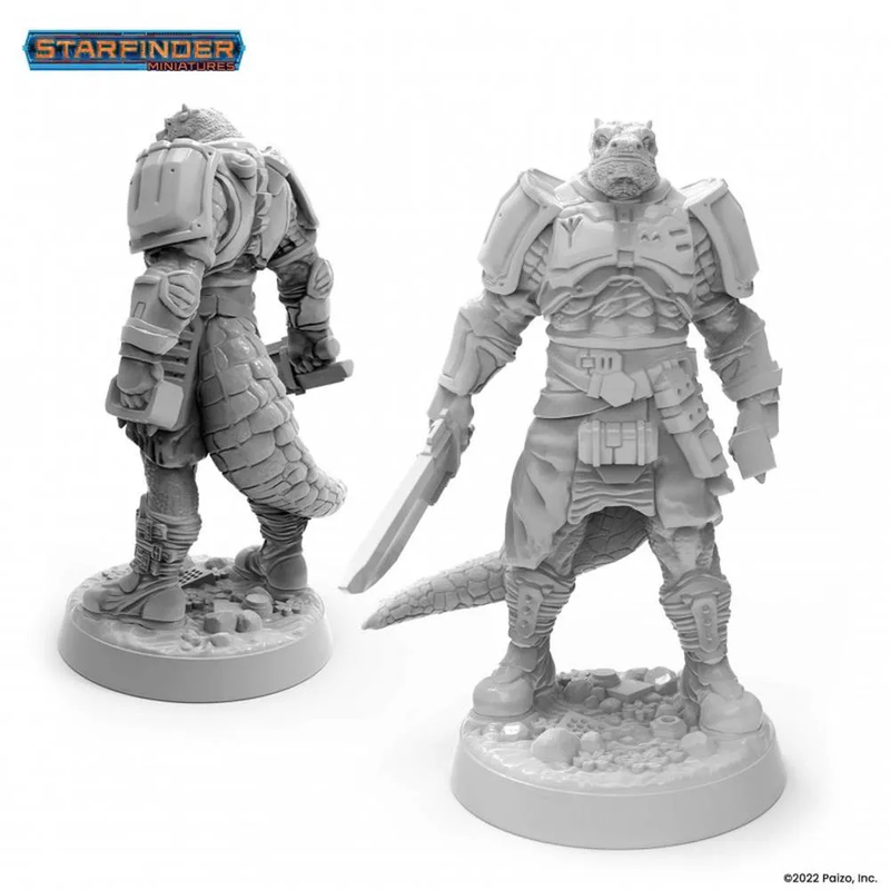 Two gray Starfinder Vesk Solarian miniatures: an armored reptilian warrior holding a futuristic sword, shown front and back