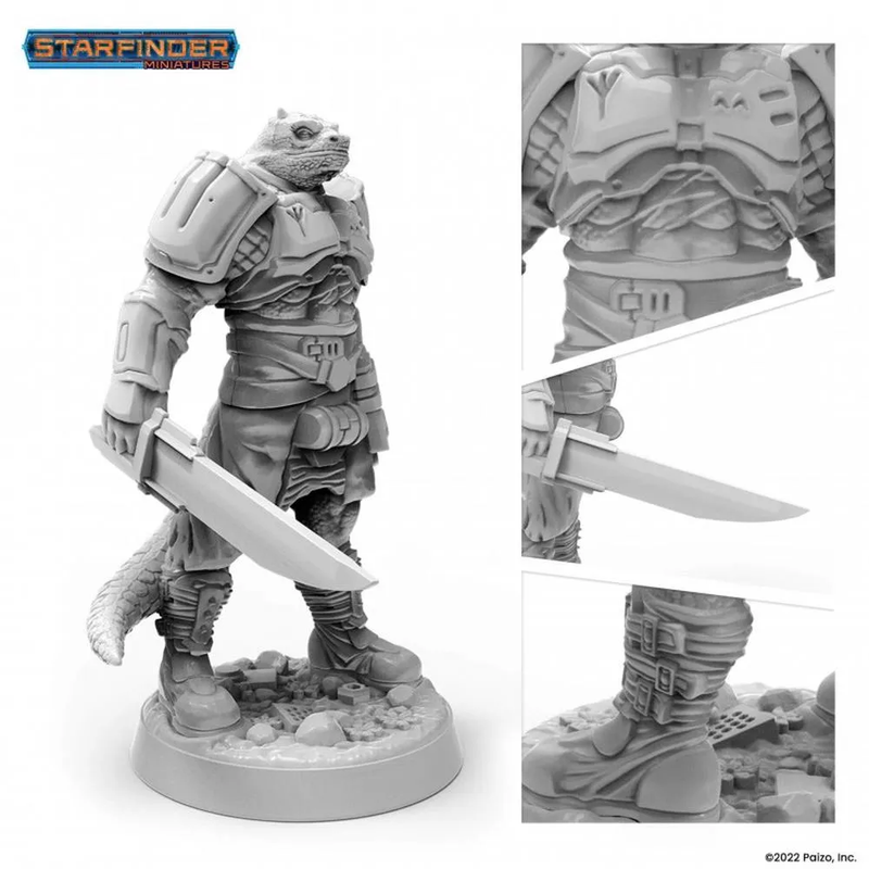 Starfinder Vesk Solarian miniature: A gray, armored lizard-like creature with a tail, standing and holding a large sci-fi knife