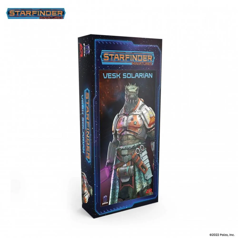 Starfinder Miniatures Vesk Solarian box shows armored reptilian alien holding a glowing purple energy weapon