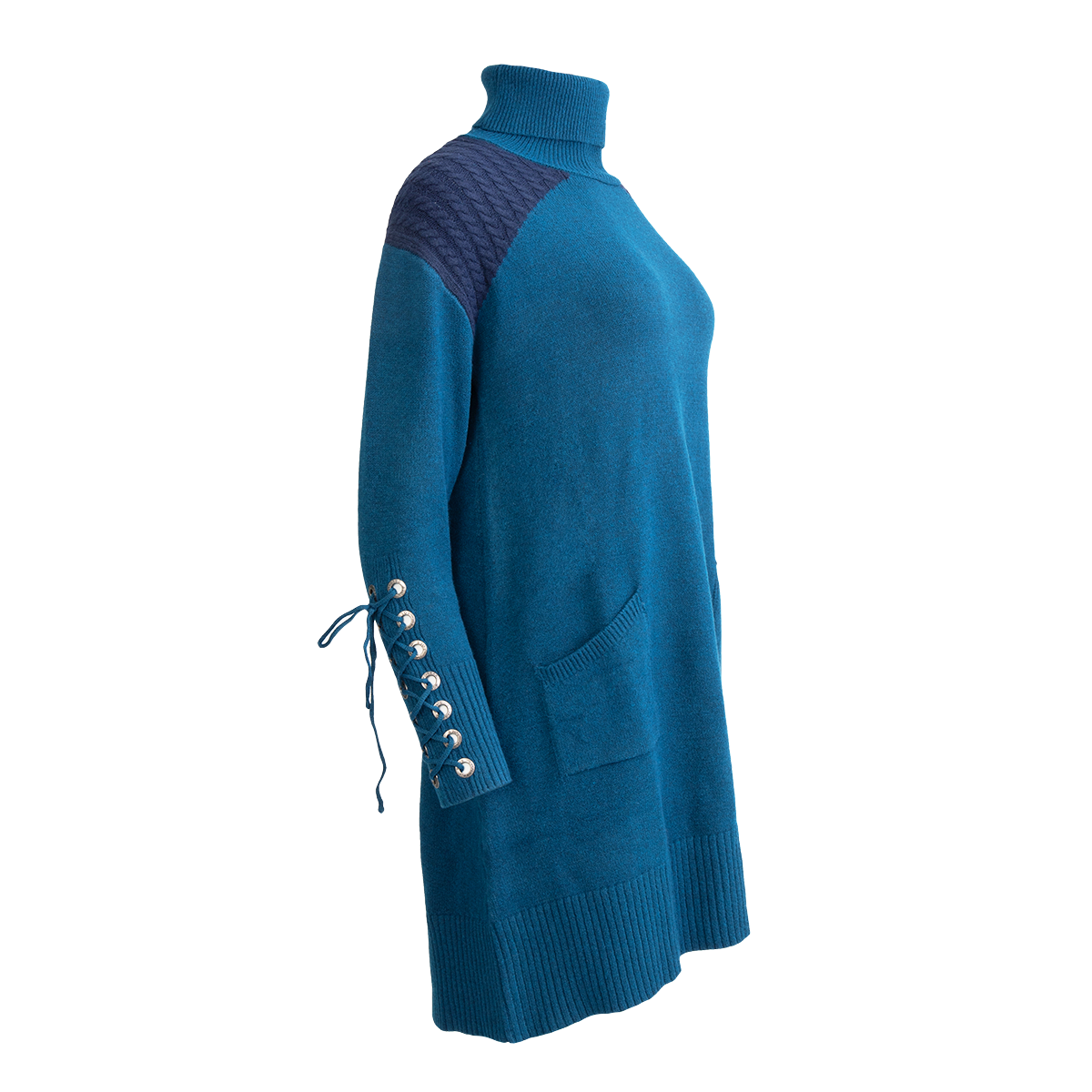 Teal turtleneck sweater dress with dark cable knit shoulder, lace-up cuffs, and patch pockets