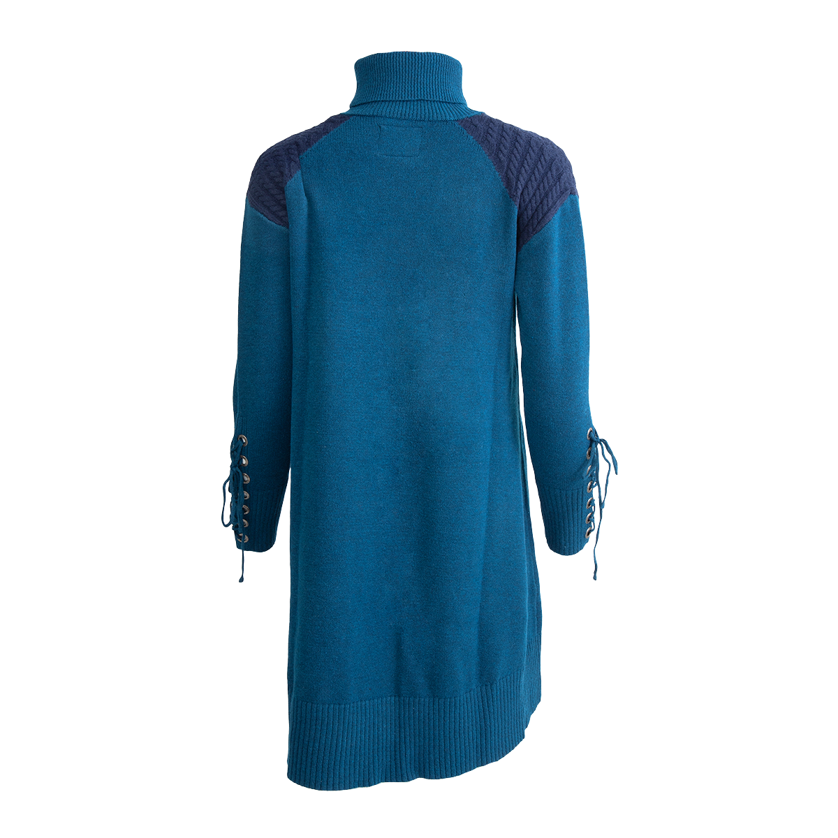 Back view of a teal turtleneck sweater dress with dark quilted shoulders, lace-up cuffs, and an asymmetrical hem