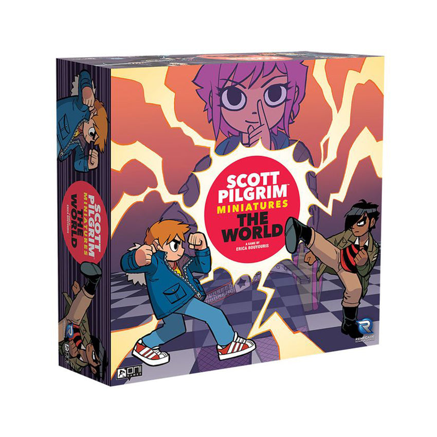 Scott Pilgrim Miniatures: The World game box. Comic art shows Scott fighting, Ramona with finger to lips, and Knives kicking
