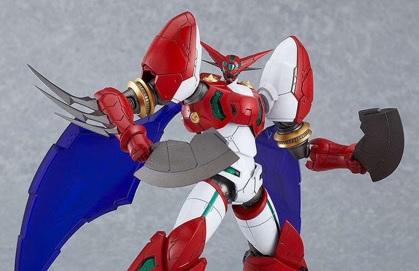 Red and white mecha with blue wings, dynamically wielding a three-bladed claw and an axe