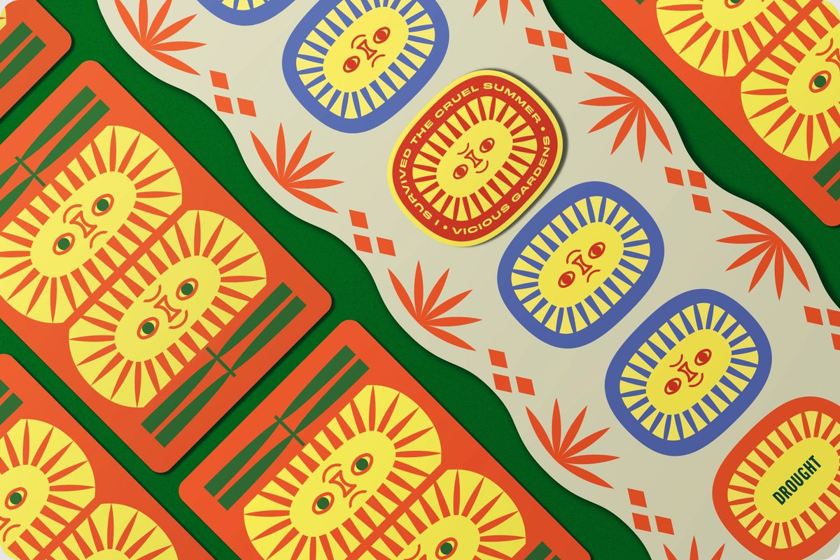 Stylized game cards with sad sun faces. A central card reads: &#39;I SURVIVED THE CRUEL SUMMER VICIOUS GARDENS&#39;