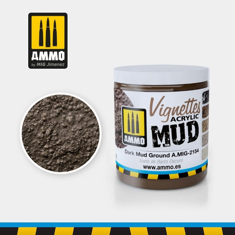 AMMO Vignettes Acrylic Dark Mud Ground in a jar; inset shows its realistic -  textured dark brown mud