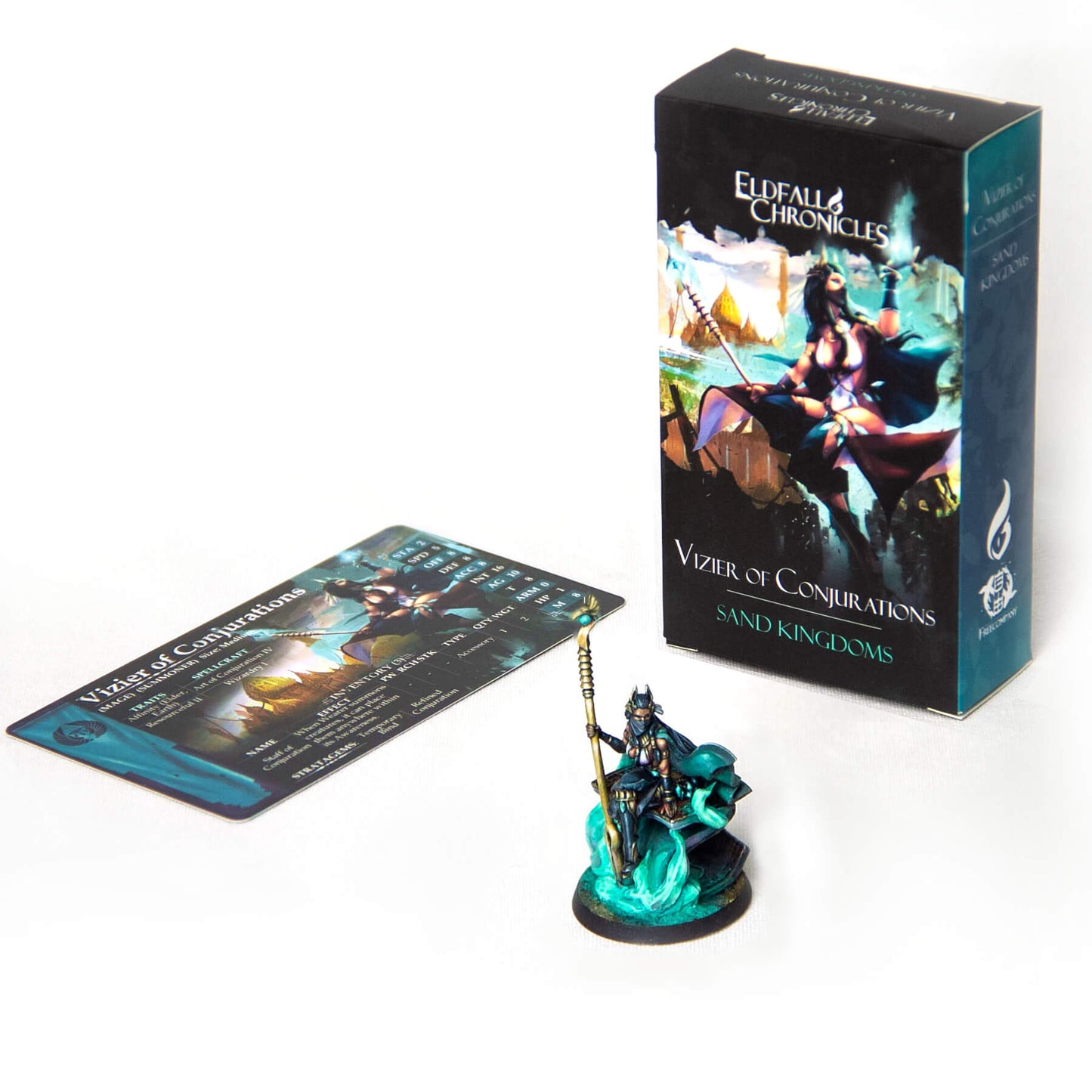 Vizier of Conjurations tabletop game set: female sorceress miniature, character card, and product box.