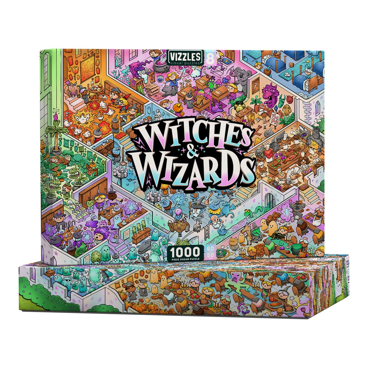 Vizzles Witches Wizards 1000-piece jigsaw puzzle box featuring an isometric magical scene with diverse characters and creatures