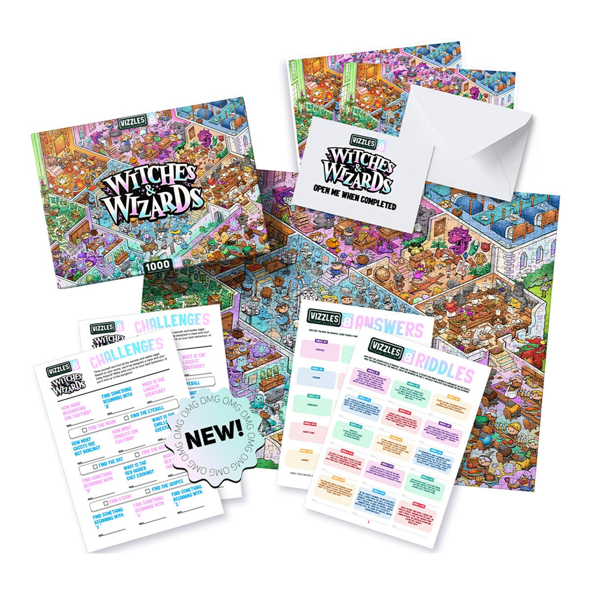 Vizzles Witches Wizards 1000-piece jigsaw puzzle box with detailed cartoon artwork challenges answers and riddles sheets