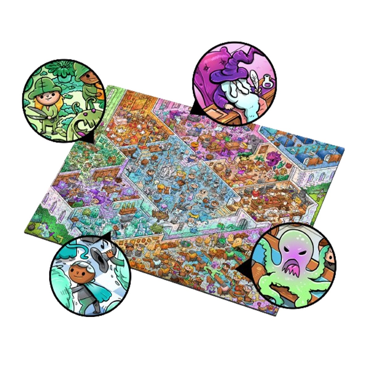 Vizzles Witches and Wizards 1000 piece jigsaw puzzle showing detailed fantasy scenes including elves a wizard and a green octopus in vibrant colors