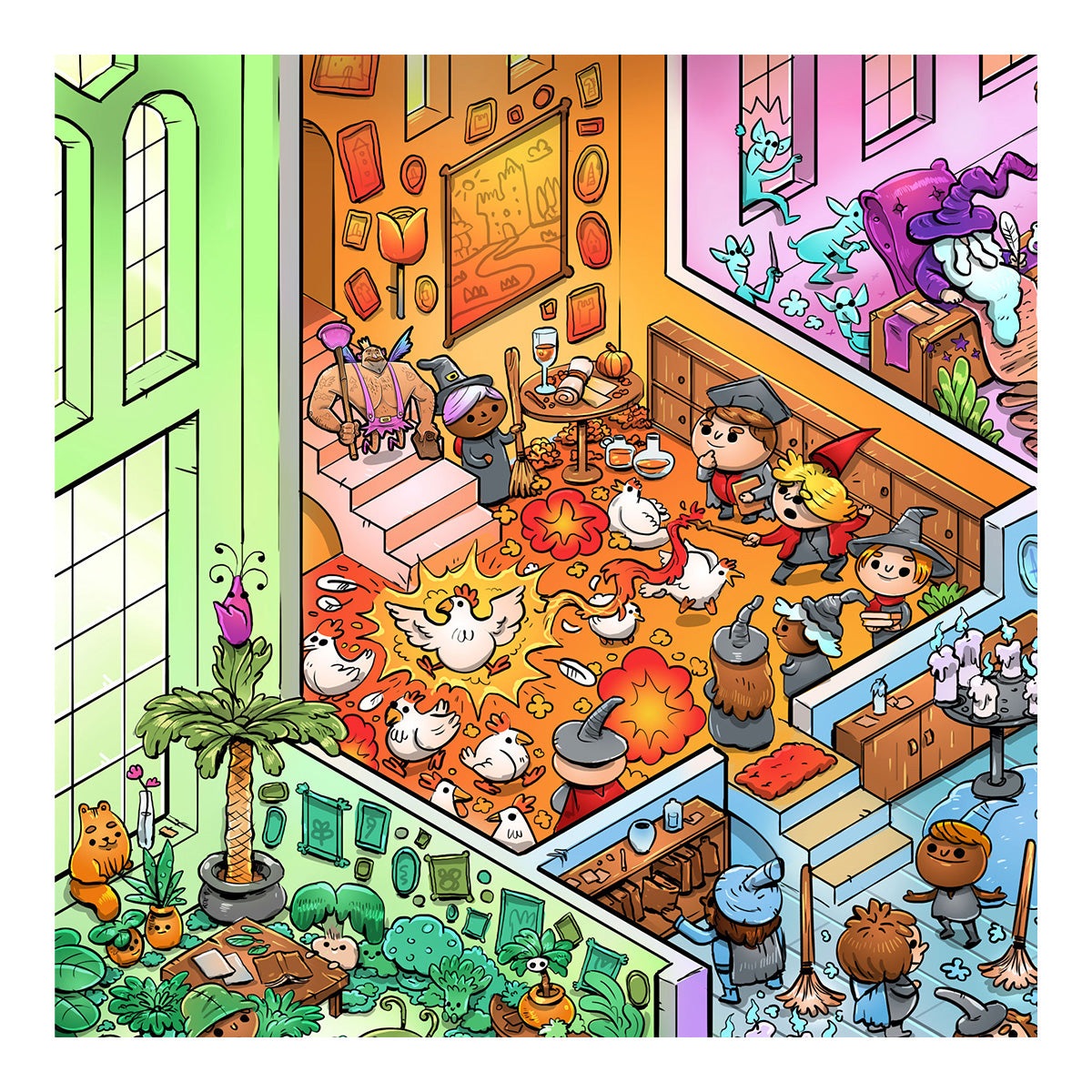 Vizzles Witches and Wizards 1000 Piece Jigsaw Puzzle showing a magical interior scene with chickens witches and wizards casting spells