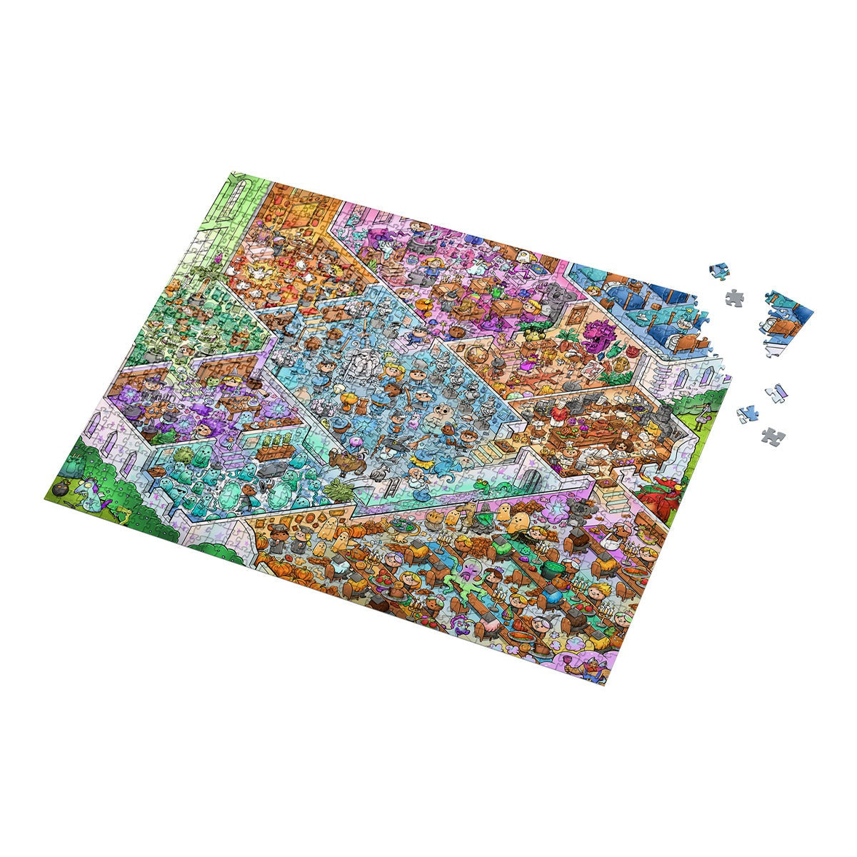 Vizzles Witches and Wizards 1000-piece jigsaw puzzle displaying a detailed fantasy scene with various magical creatures and buildings partially completed with loose pieces nearby