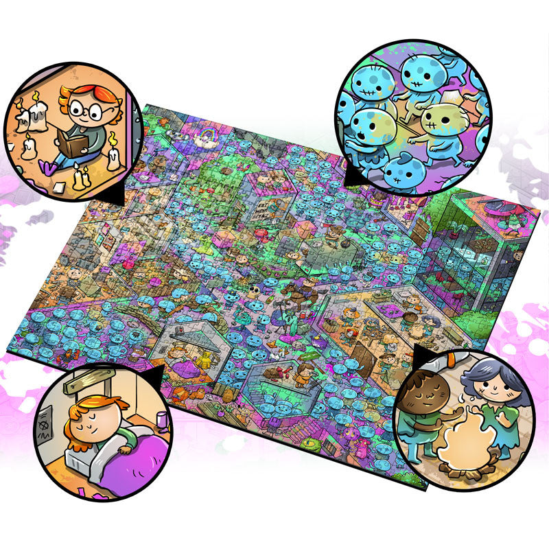 Vizzles Zombies 1000pc jigsaw puzzle featuring a vibrant detailed cartoon cityscape filled with various friendly zombie creatures and four highlighted scene inserts