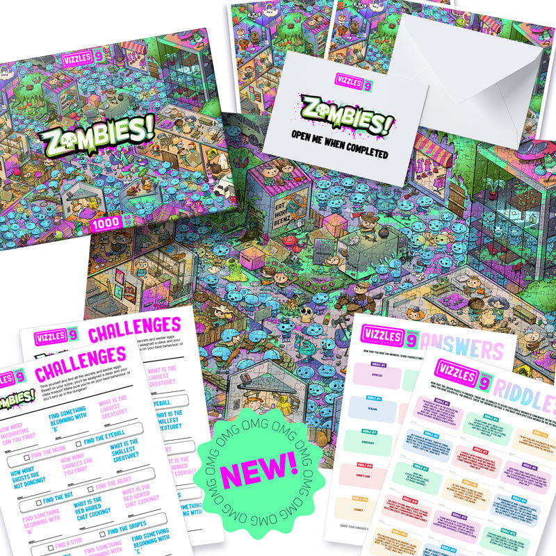 Vizzles Zombies 1000-piece jigsaw puzzle box with challenges riddles and answer sheets featuring a detailed cartoon cityscape