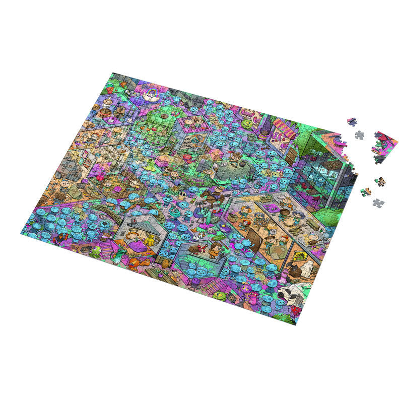 Vizzles Zombies 1000pc jigsaw puzzle with colorful detailed cartoon artwork depicting a zombie apocalypse scene partially assembled with loose pieces
