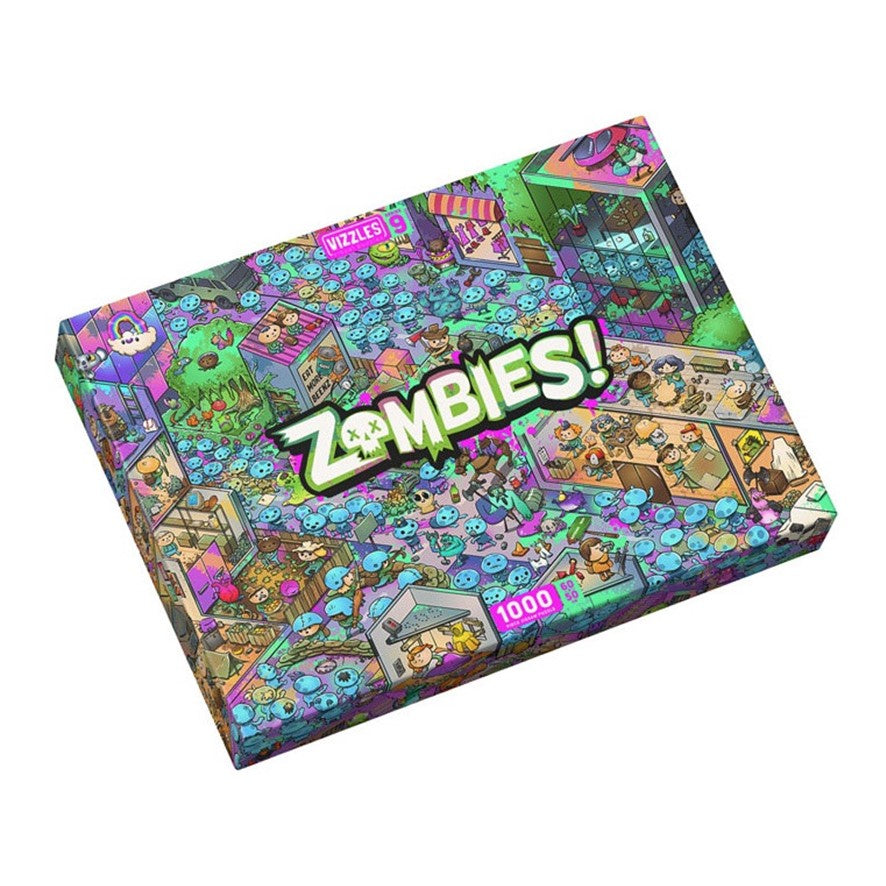 Vizzles Zombies 1000pc jigsaw puzzle box featuring a detailed colorful illustration of a chaotic zombie-filled city scene