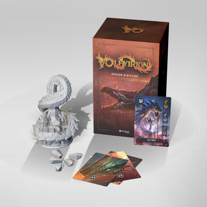 Volfyirion Dragon Miniature board game set with box large gray dragon figurine and game cards