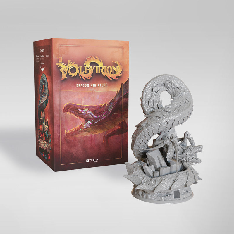 Voleyirion Dragon Miniature box and unpainted gray resin figure featuring intricate scales and base with crystals