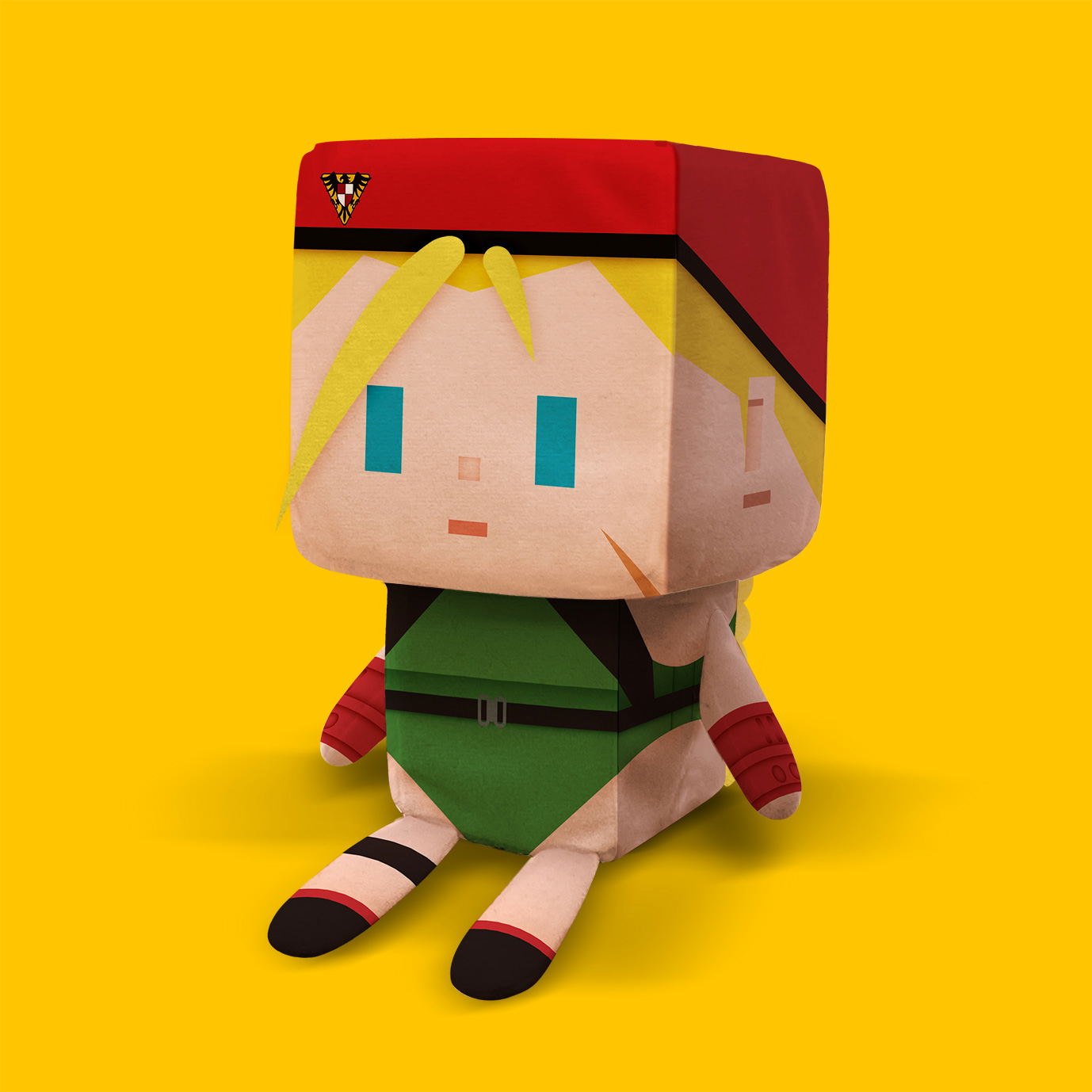 Cammy plush standing with arms by her sides, showcasing red gauntlets and pigtails