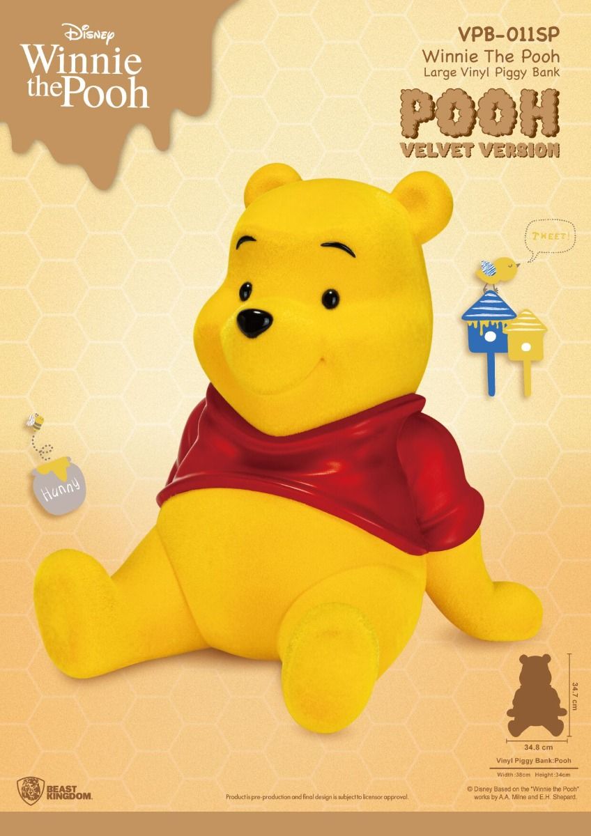 Large Winnie the Pooh vinyl piggy bank velvet version in golden yellow with red shirt 348cm wide and 347cm tall