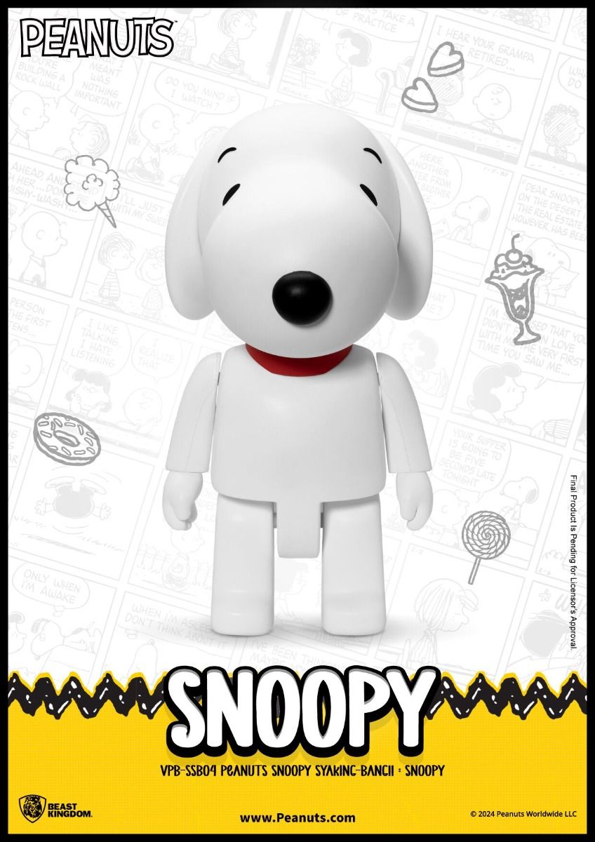 White vinyl figure of Snoopy the dog with red collar standing in front of a comic strip background