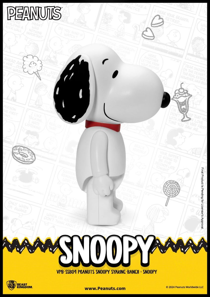 Snoopy Syaking-Bancii collectible figure by Beast Kingdom against a background of black and white Peanuts comic strips