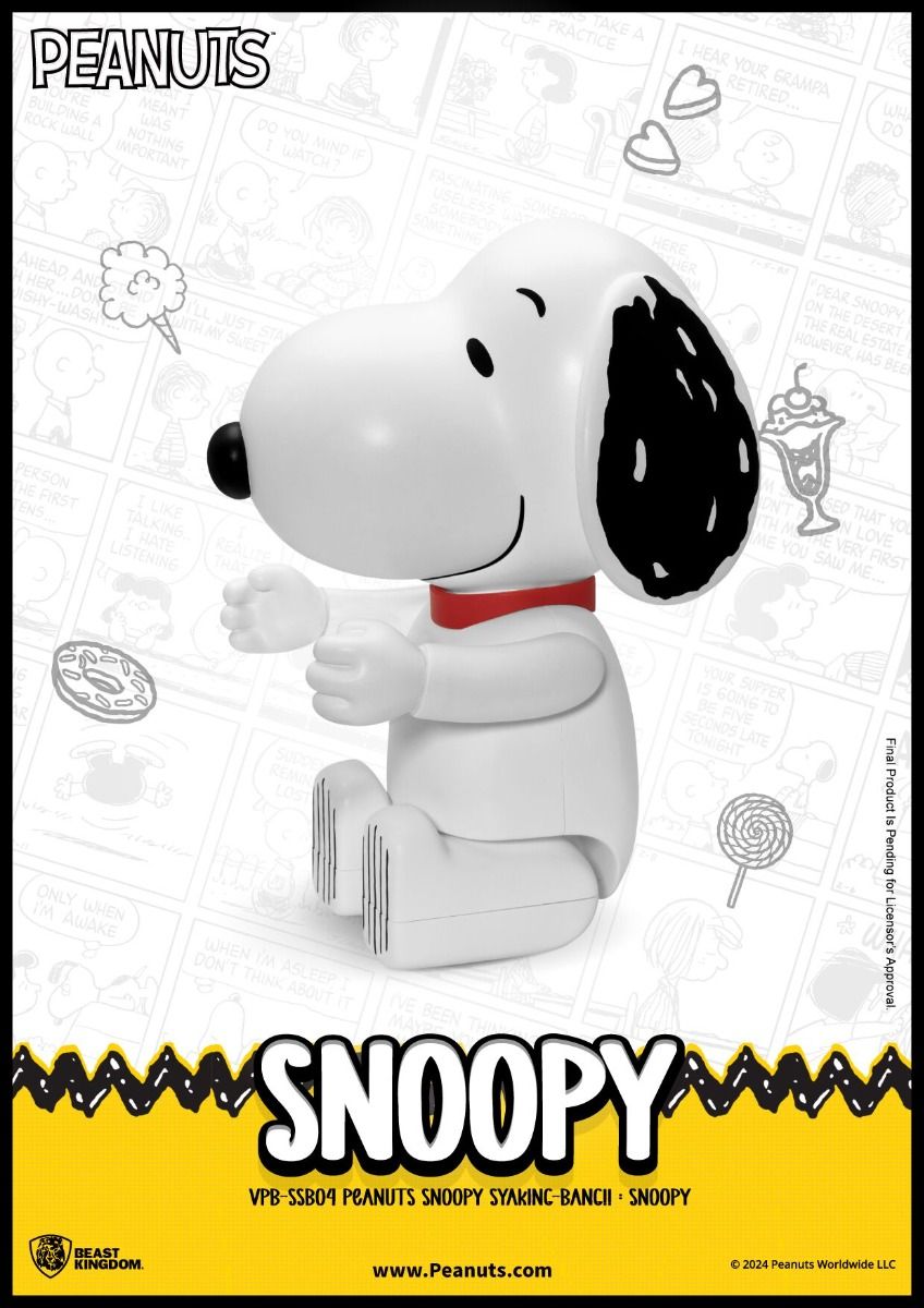 Peanuts Snoopy rocking figurine with red collar on a comic strip background