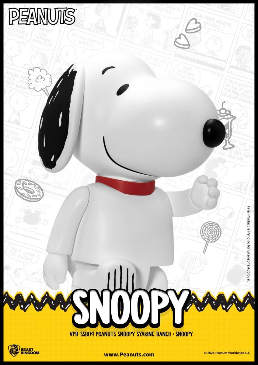 Snoopy Syaking Bancii poseable figure in white with a red collar against a Peanuts comic strip background