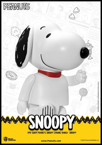 Snoopy Syaking Bancii poseable figure in white with a red collar against a Peanuts comic strip background