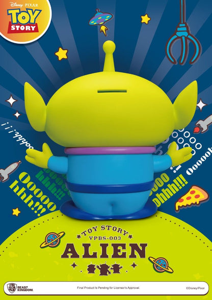 Side view of Alien vinyl piggy bank showing raised arms