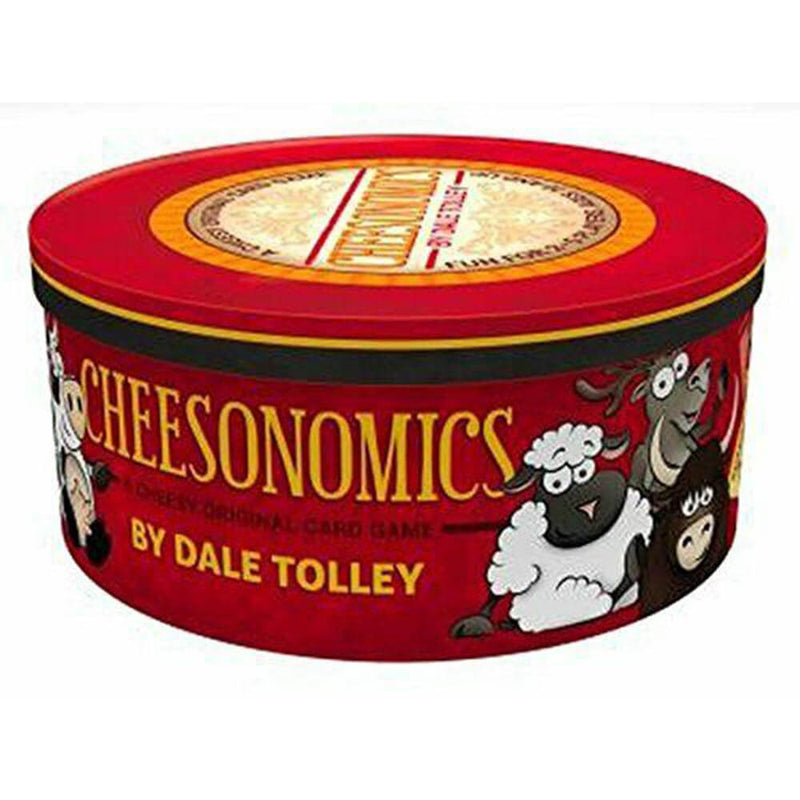 Red tin container for the Cheesenomics card game by Dale Tolley featuring cartoon sheep deer and bull