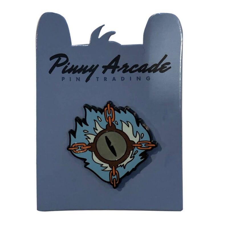 Pinny Arcade pin of flaming orb with eye and chains