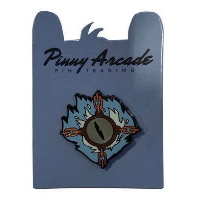 Pinny Arcade pin of flaming orb with eye and chains