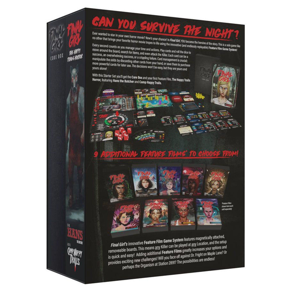 Final Girl Core Box horror board game packaging showing the killer, components, and "Feature Film" expansions