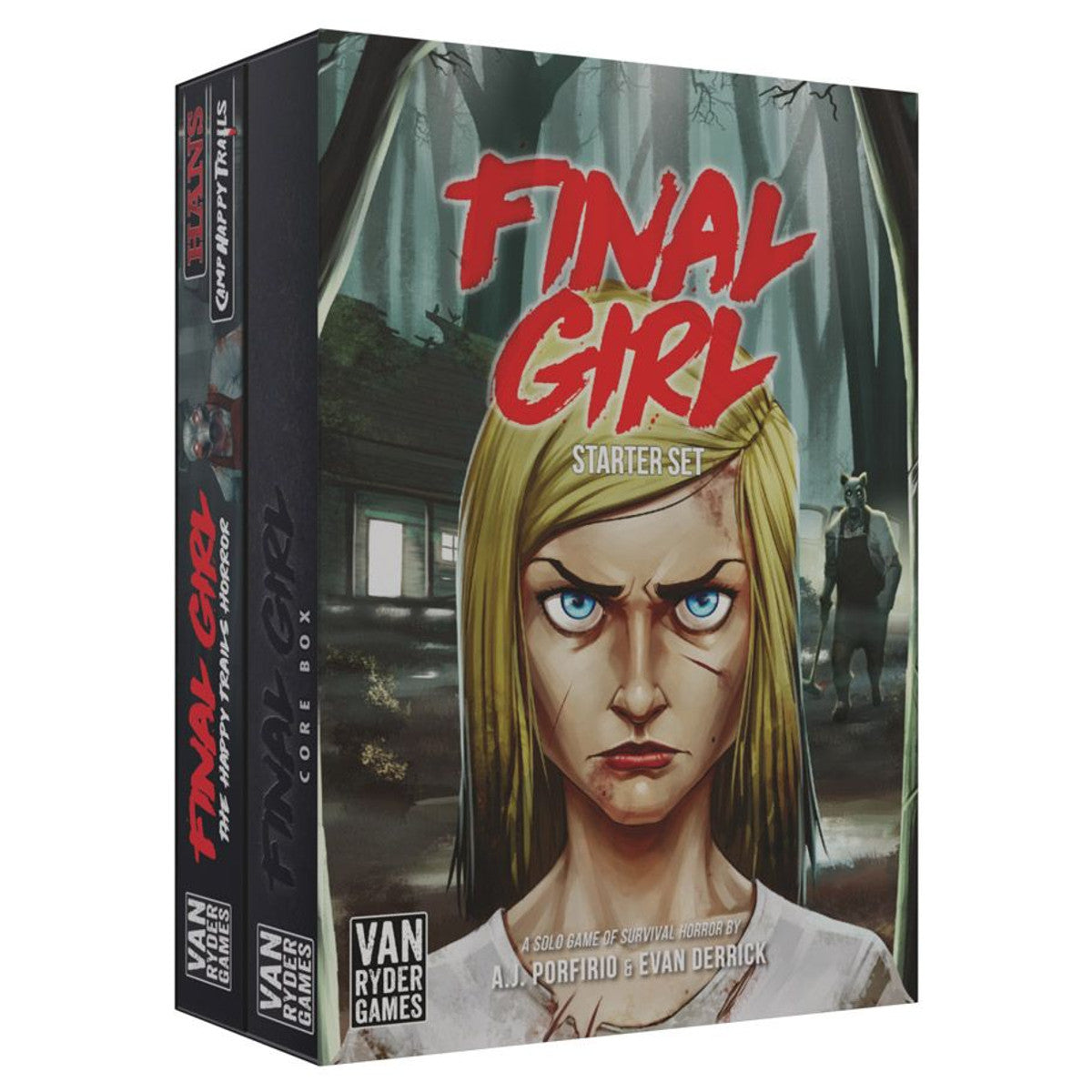 Final Girl Starter Set board game box showing a scarred survivor confronting a masked killer in the woods