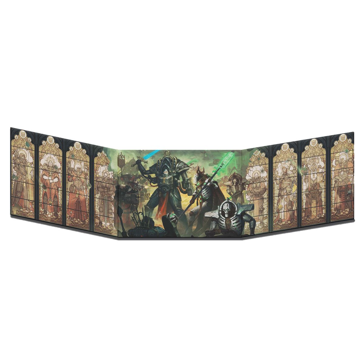 Tabletop screen with a central dynamic battle scene featuring an armored warrior battling skeletal robots, flanked by stained glass panels