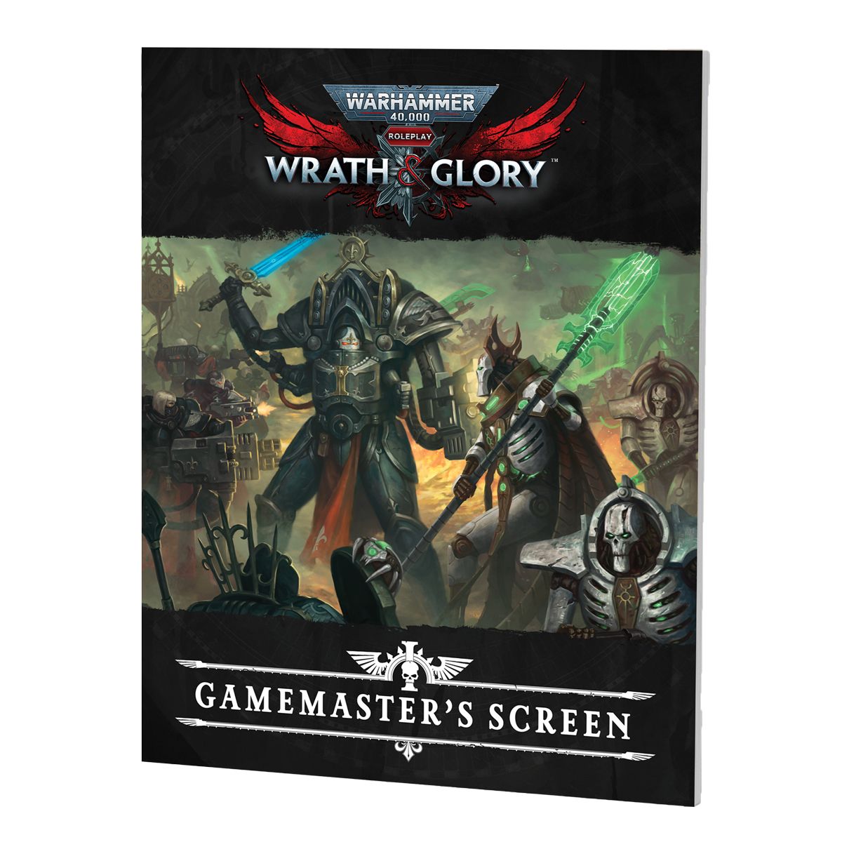 Warhammer 40k Gamemaster's Screen cover: Armored warrior with blue sword fights skeletal robot with green staff